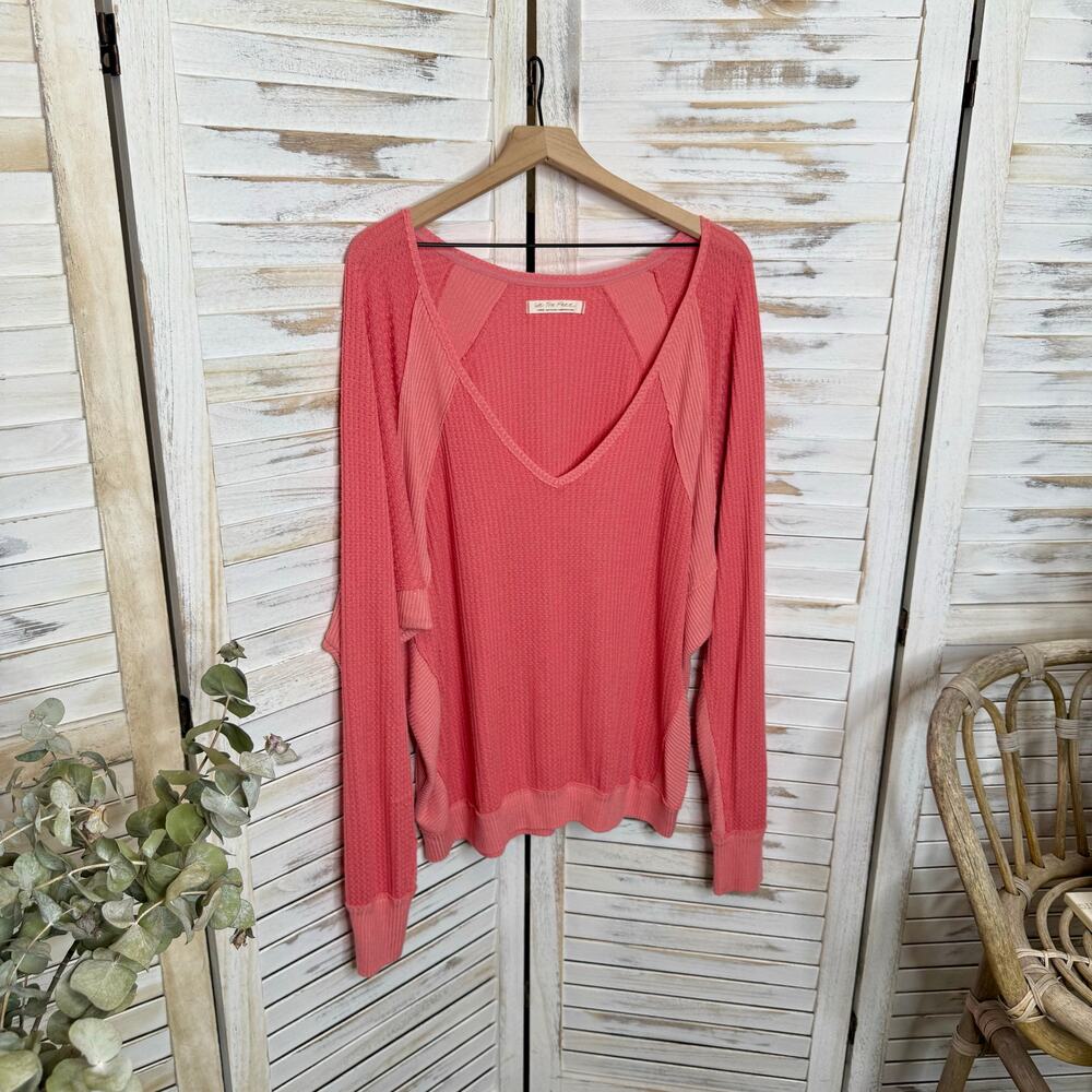 FREE PEOPLE Women's Large Santa Clara Oversized V Neck Thermal Sweater Top Pink - Picture 7 of 14